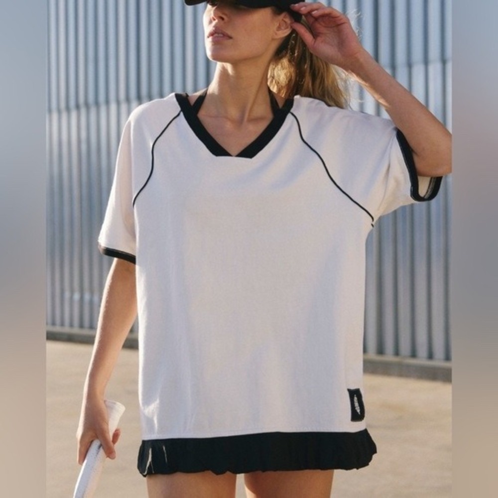 Free People Movement | Baseline Tee - White/Black Oversized V-Neck Top